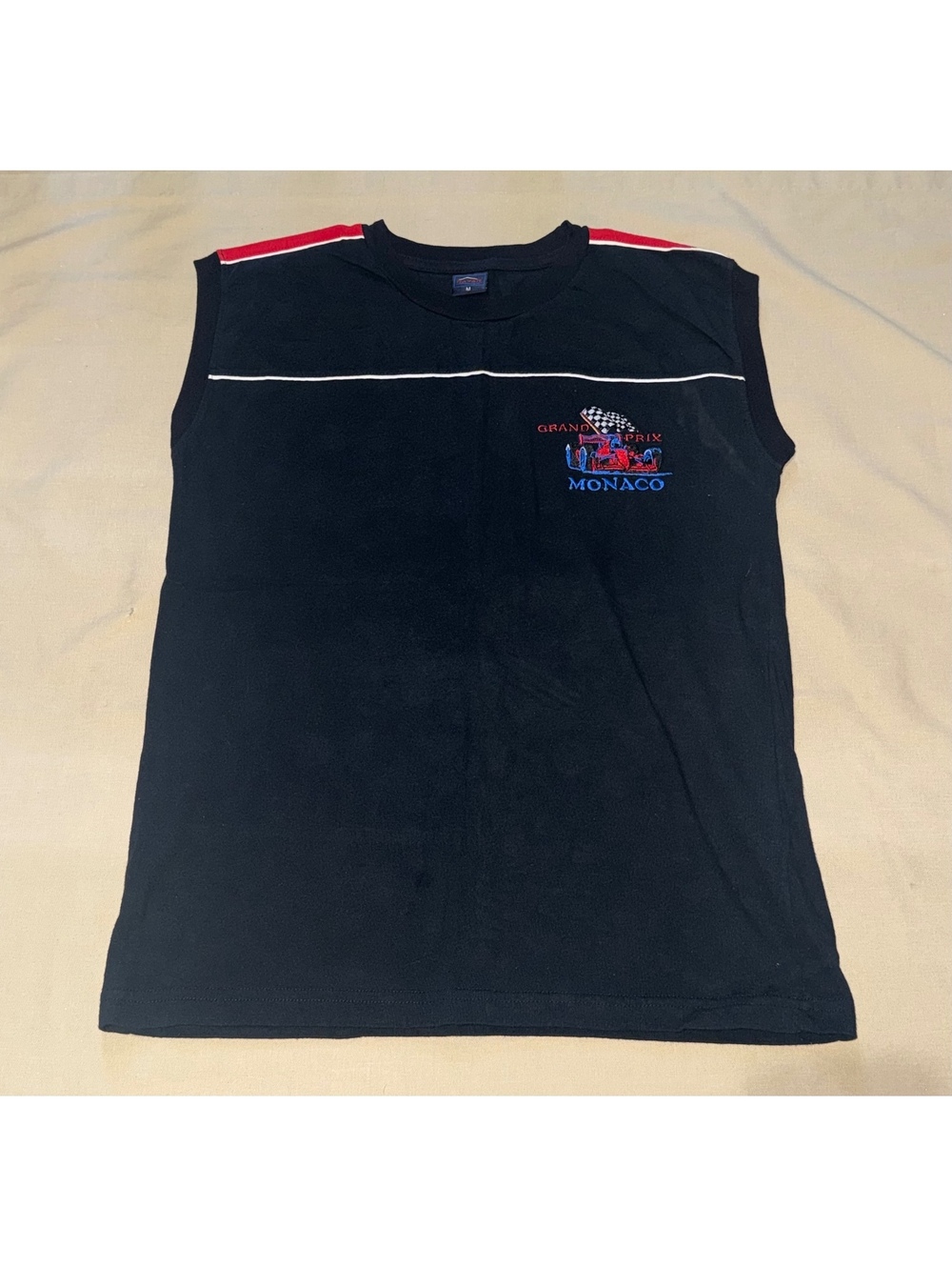 Vintage Monaco Grand Prix Embroidered Sleeveless Racing Shirt Black Medium